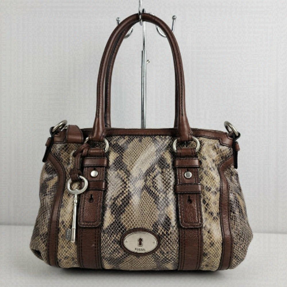 FOSSIL Brown Leather Reptile Print Satchel Purse